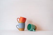 Load image into Gallery viewer, Close up cappuccino mugs Coral Lavender Turquoise
