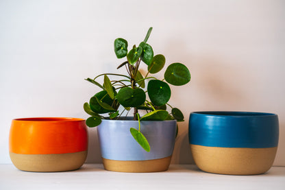 Wide table planter in orange, lavender and dark blue