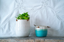 Load image into Gallery viewer, Medium tall white hanging planter and small half and half speckle hanging planter
