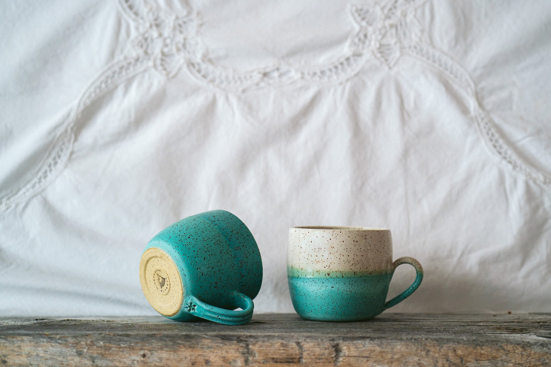 Speckle mugs in  two tones, robin egg, and half and half 