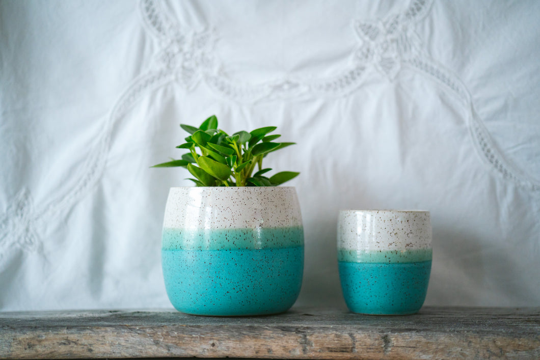 Tall and small half and half table planter in speckle