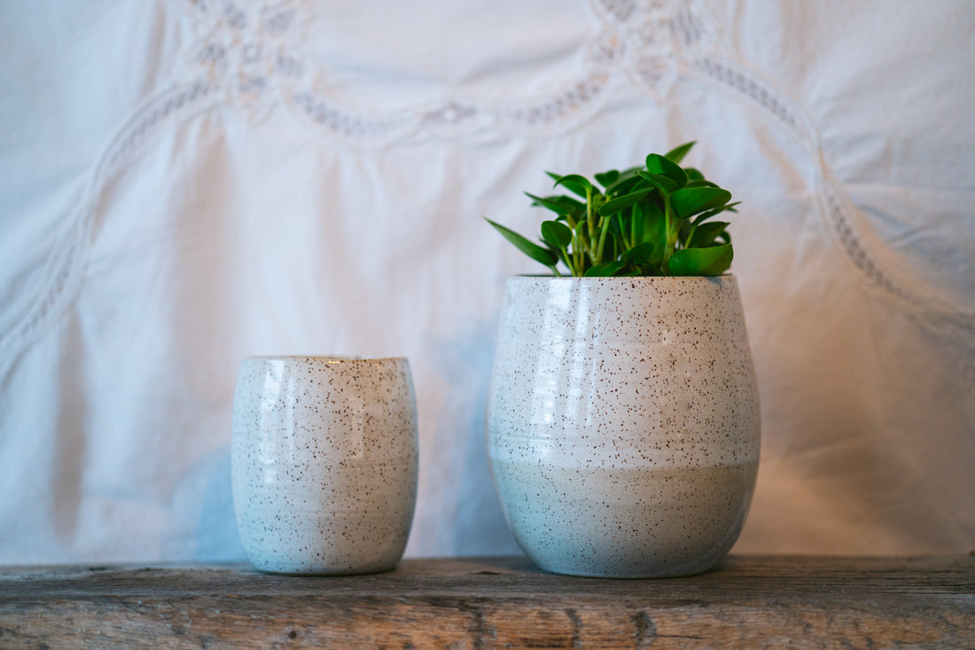 Tall and small white table planter in speckle