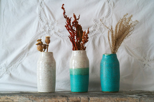 Flower vase in speckle white, half and half and robin egg
